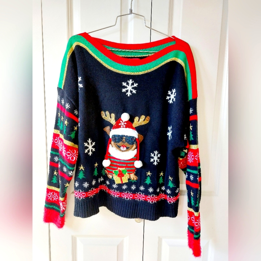 Pug Life Christmas Boatneck Sweater size Large Blizzard‎ Bay Ugly Holiday